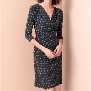 Garnet Hill Ruched Surplice Knit Dress Navy Blue White Size Medium